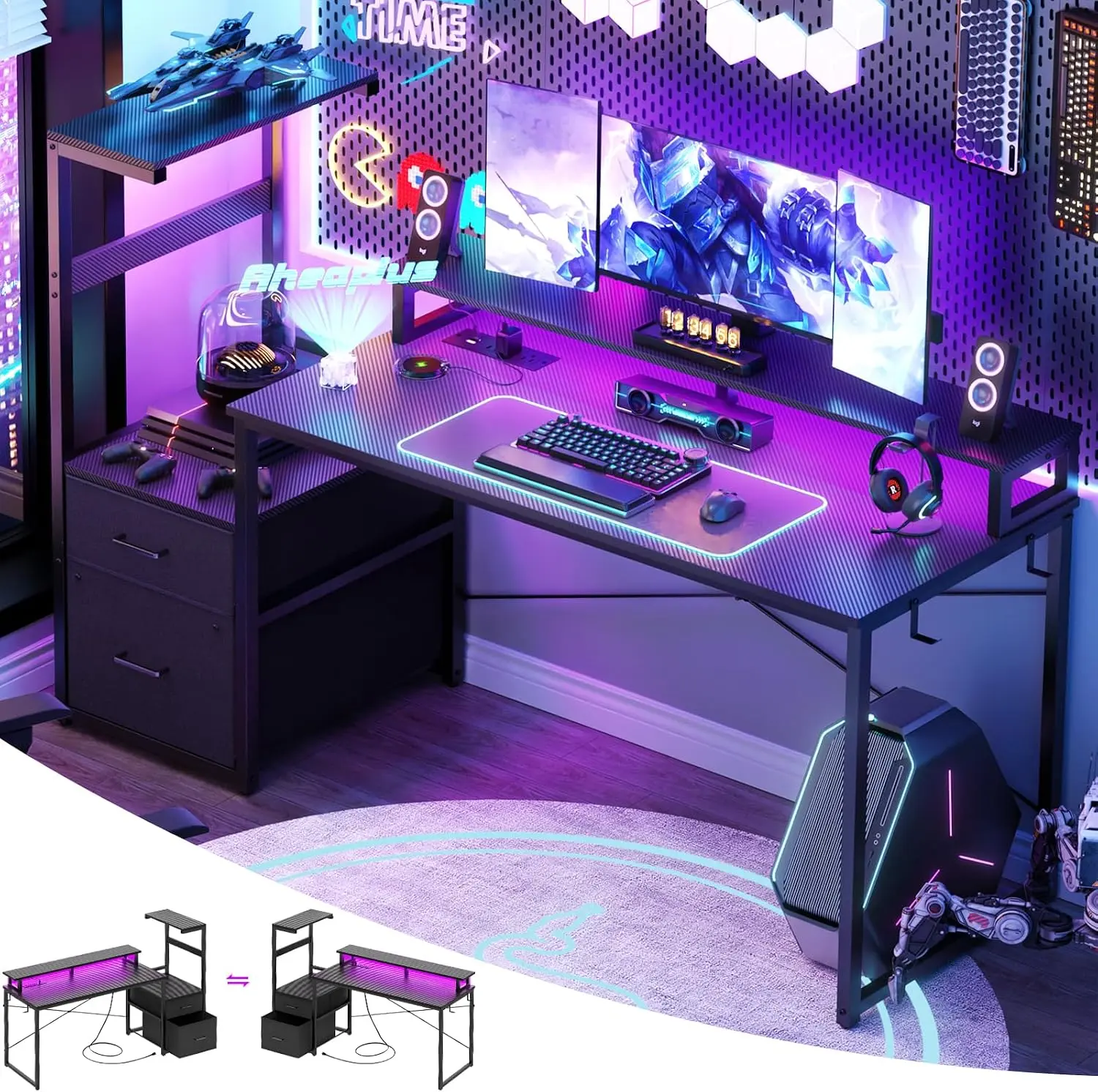 Aheaplus 60" Reversible Gaming Desk with LED Lights & Power Outlets, Light Weight Computer Desk with Monitor Stand & Fabric File Drawers,Easy to Transport and Install