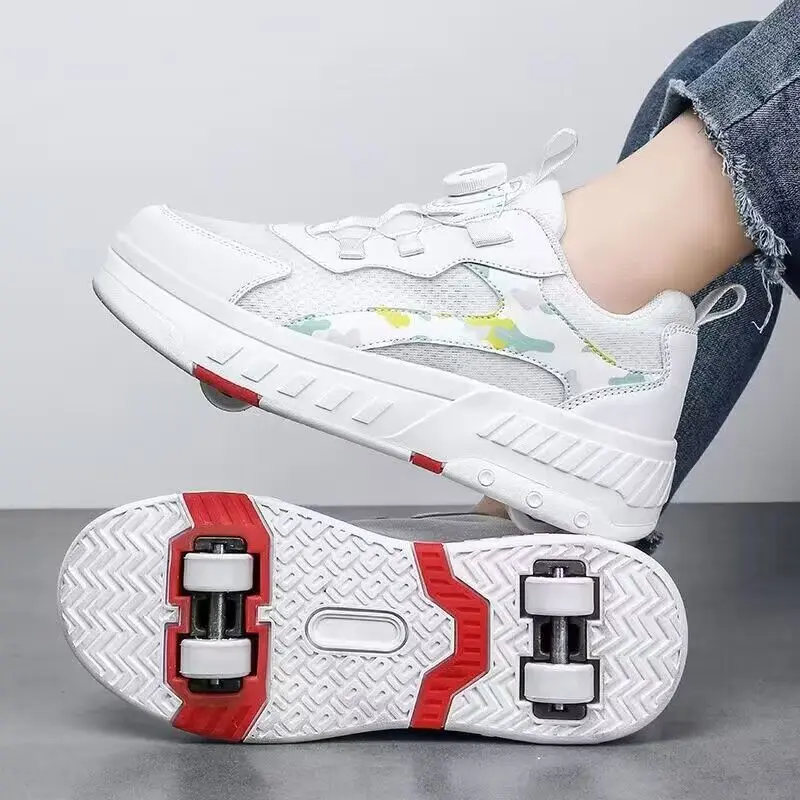 YINGCSM Trendy Youngsters' Four-Wheel Dual-Use Sneakers with Rotating Closure Breathable Mesh Skate Shoes Outdoor & Casual Wear Lightweight Durable Design All-Season Comfort Skateboarding Footwear Pattern Cover Upper