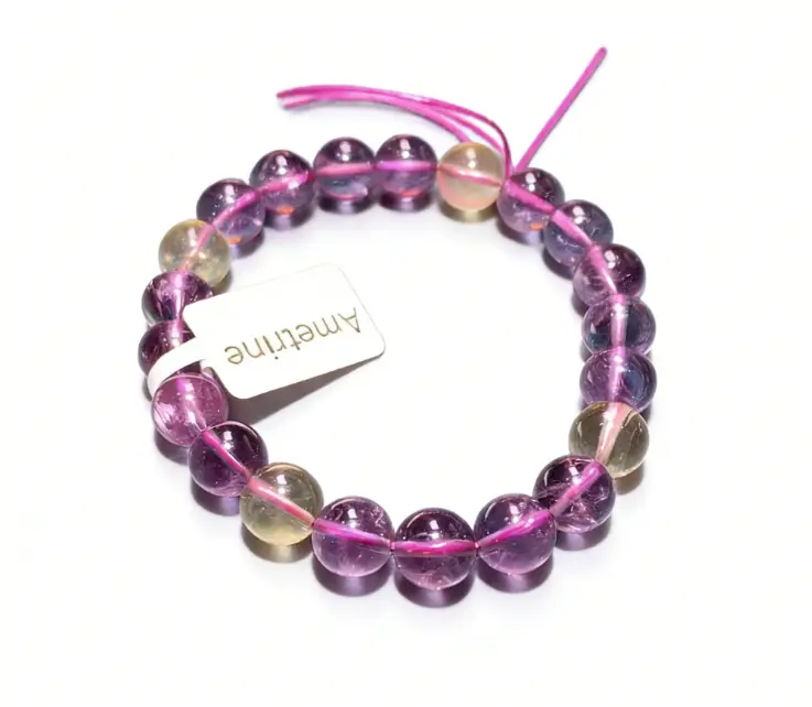 【Ametrine】Ametrine Purple Yellow Crystal Round Beads Women Men Bracelet