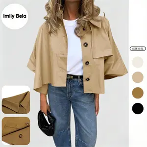 Imily Bela Clearance Womens Oversized Cropped Trench Coats Single Breasted 3/4 Cape Sleeve Trendy Casual Jackets Button up Outerwear