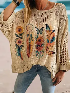 Spring and summer round neck diamond hollow batwing sleeve knitted cardigan, sunflower & butterfly print, ideal as a bikini cover-up, loose drop shoulder for a slimming look, versatile for commuting and vacation.