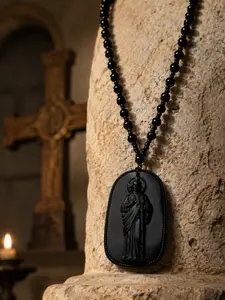 Saint Jude Pendant Necklace, Vintage Guardian Figure Carving Pendant, Gothic Beaded Necklace, Catholic Christian Religious Jewelry, San Judas Tadeo, Collar San Judas, Men's Necklace, Faith Necklace, Catholic