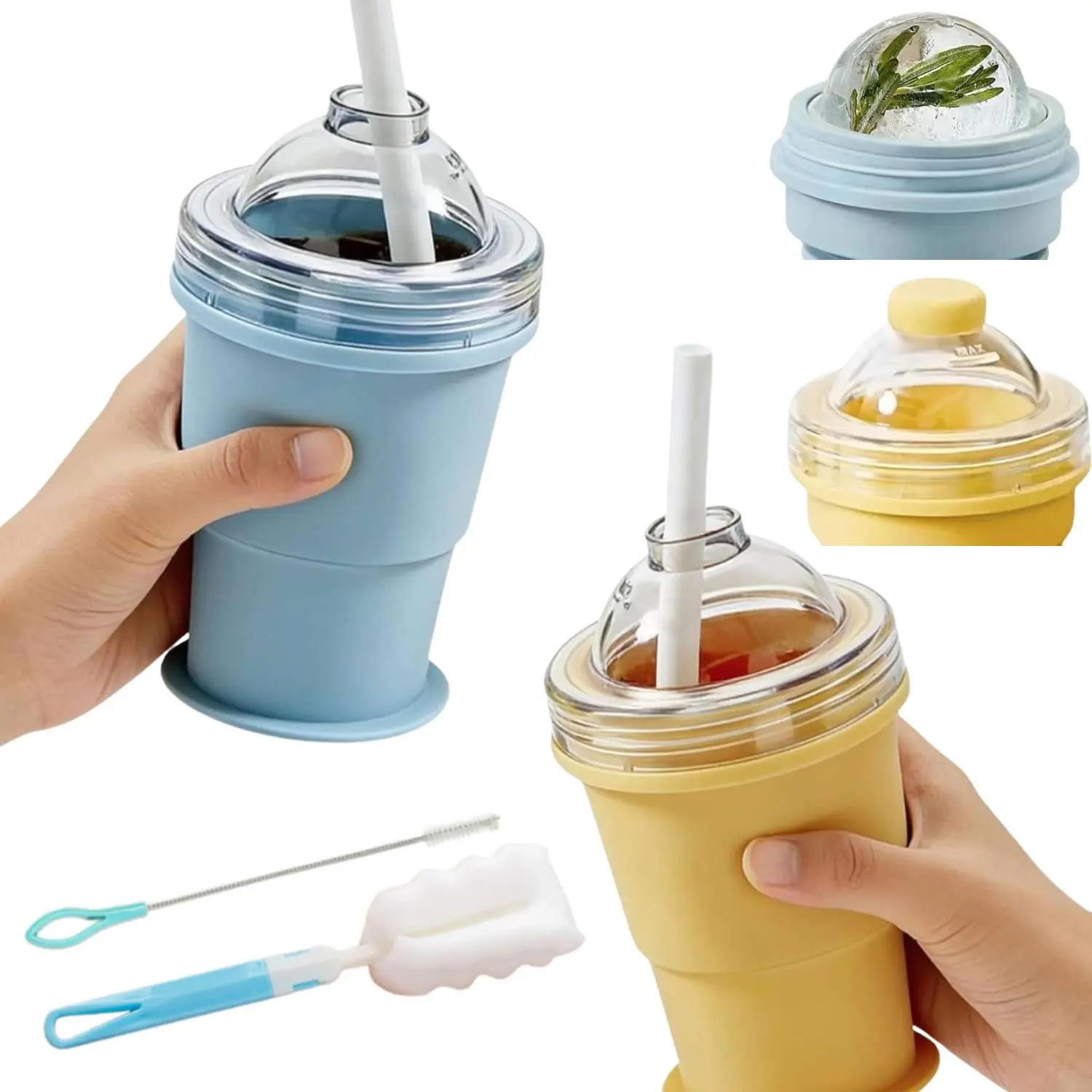 2PCS Portable Ice-Making Folding Cup with Straw - Collapsible Suitable for Outdoor,Picnic & Travel | Instant Ice Mold for Drinks, Hydration -the, Ice Holder for Parties, Camping, Gym