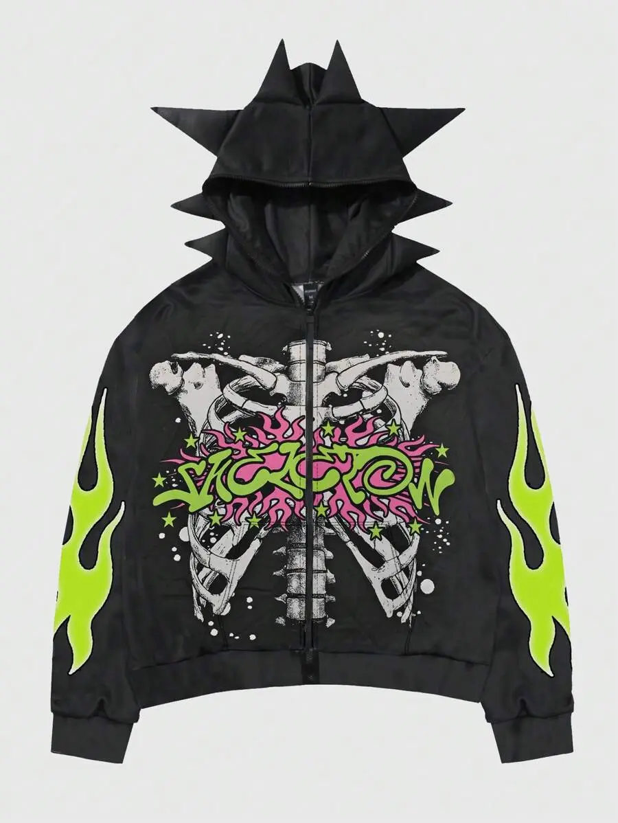 Woozie Street Life Goth Casual Graphic Men Cartoon Skeleton Print Hooded Zip Up Long Sleeve Casual Sweatshirt