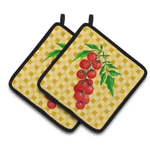 212 MAIN Colorful Polyester Fabric Pot Holders, 7.5x7.5" Cherry Tomato on Basketweave Design, Thick, Hanging Kitchen Pot Holder Pair