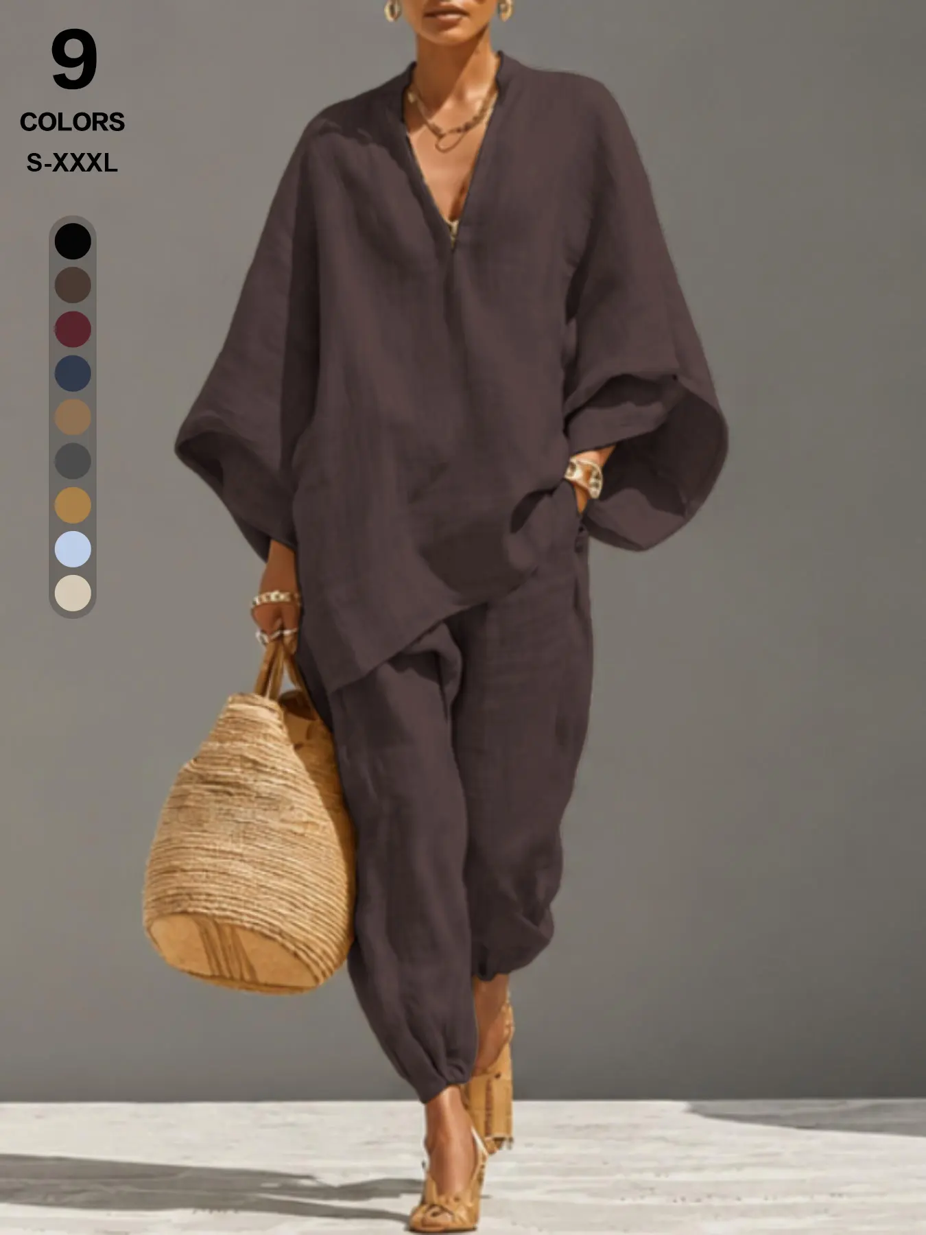 Women's Bohemian 2-Piece Clothes Set, Linen Cotton V-Neck Tunic Shirt & Lantern Pants, Oversized Loungewear for an Outdoor Resort Vibe, Minimalist, Casual