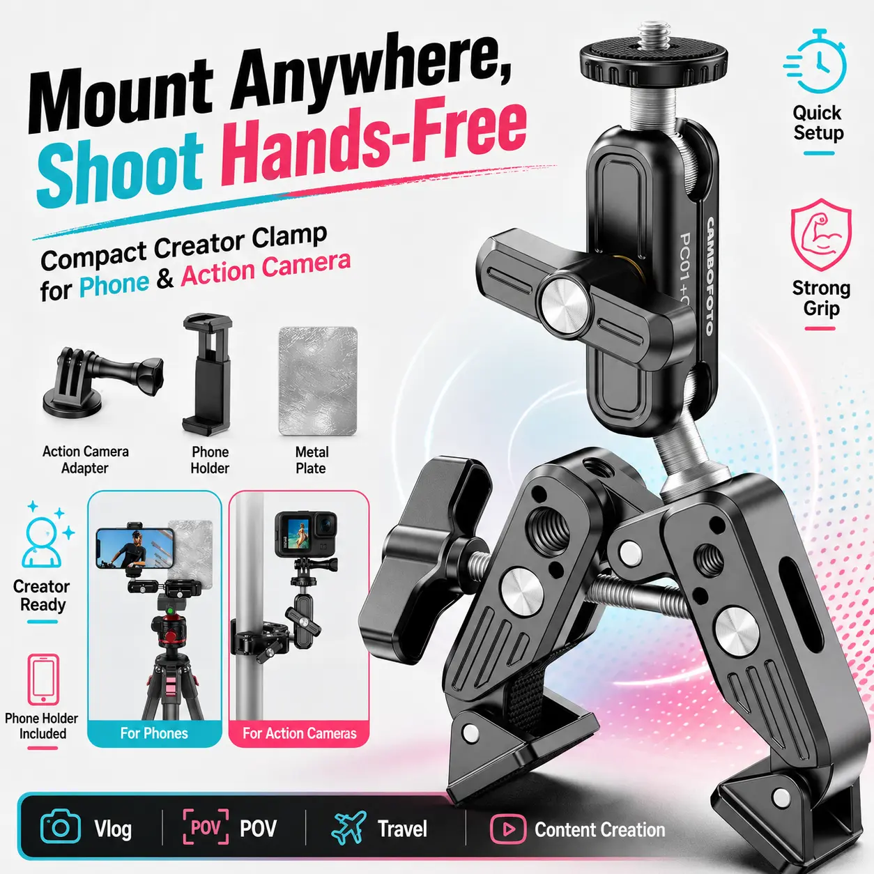 CAMBOFOTO PC01 Super Clamp Mount with CPL Filter - 360° Dual Ball Heads, Adjustable Jaw, 1/4"-3/8" Threaded Holes, Aluminum Alloy Rubber Build, Action Camera/Phone Adapter, Tripod-Compatible Portable Accessory for DSLRs & Phones