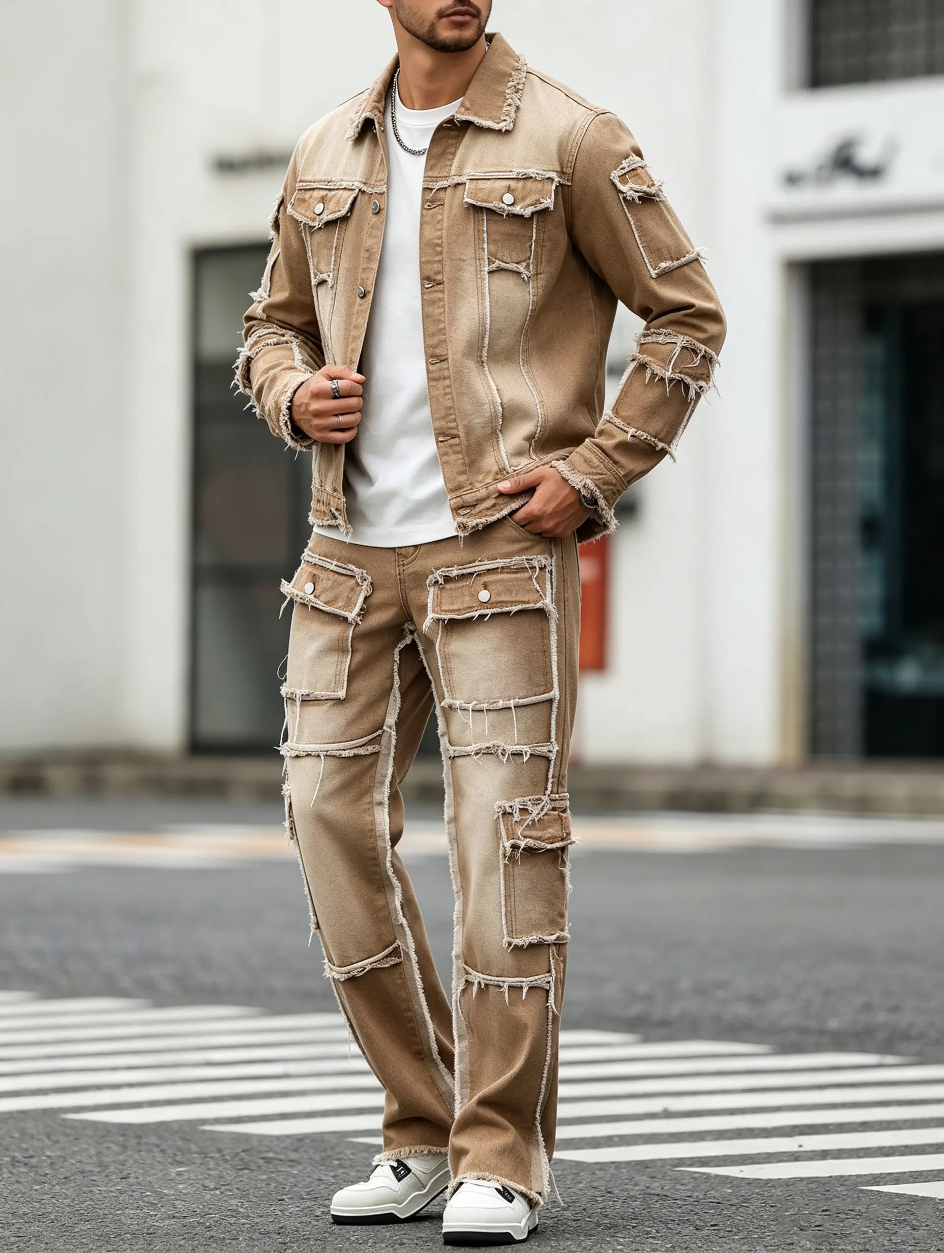 Men's 2-Piece Denim Jacket & Pants Set - Vintage Fuzzy Fabric, Straight Pants, Pockets, Patchwork, Frayed Hem, Washed Finish, Long Sleeve Casual Streetwear Sneakers Compatible Set