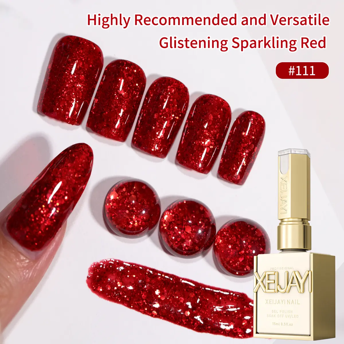 1PC 15ML Red Glitter M111 Nail Gel - High-Saturation Sparkling Alcohol-Free/LED Soak-Off Gel Polish For DIY Manicure, Glamorous Spring Nail Art Designs For Women, LED Nail Polish, Spring Fashion Nails Cutics Cosmetic