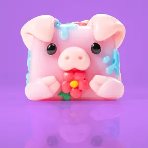 Bubbles the Pig Soft Silicone Squishy with Flower - Pink & Blue Paint Splatter - Most Creative Taba Squishy