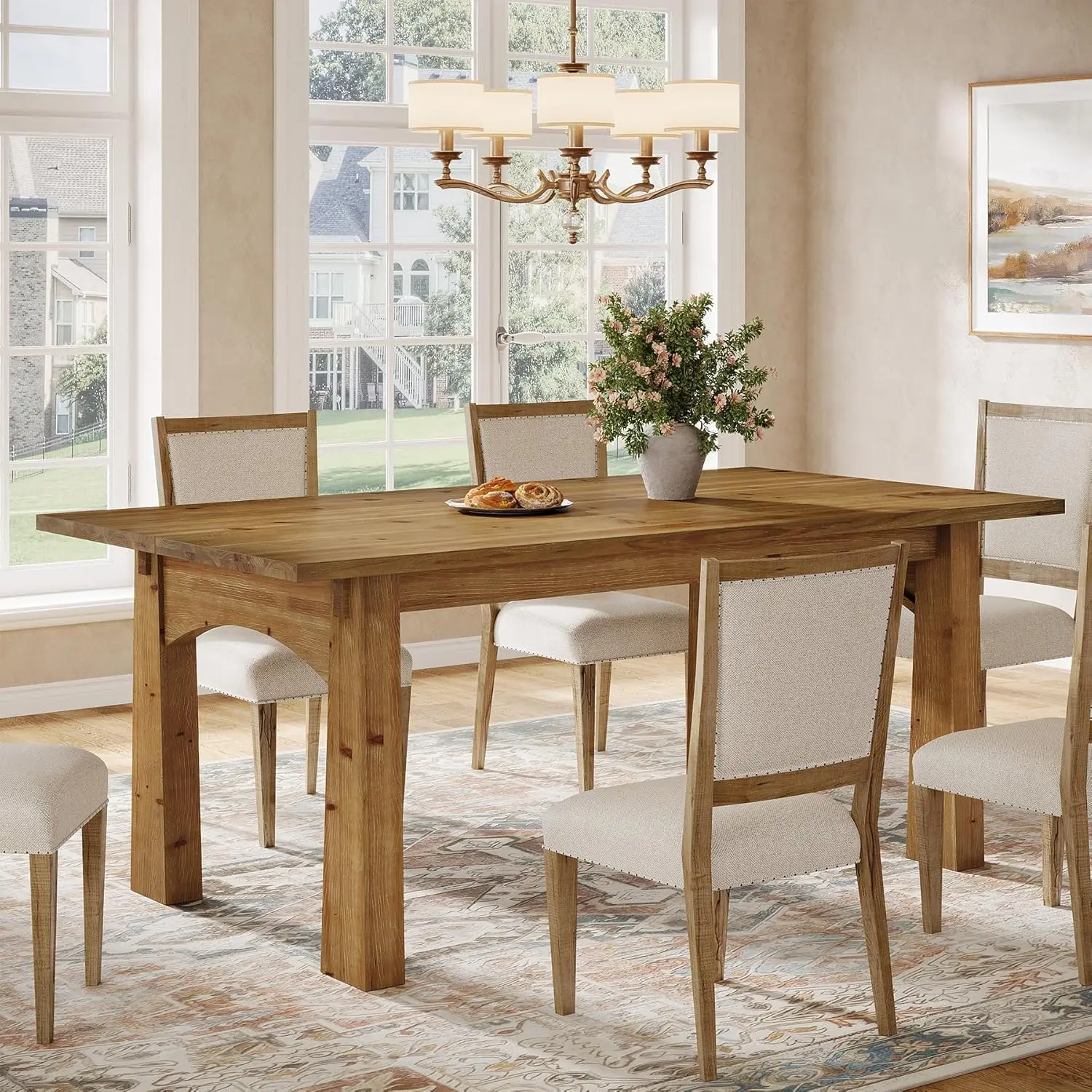 TRIBEWOOD Solid Wood Dining Table for 4-6 People, 63-Inch Farmhouse Kitchen Table with Rich Grain and Texture, Wooden Rectangular Dinner Tables for Kitchen & Dining Room