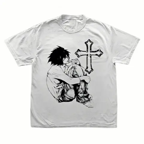 Unisex  L Vintage Crew Neck Cotton Fabric Korean Graphic Tee - Smooth Office Streetwear Men's T-Shirt Anime Top