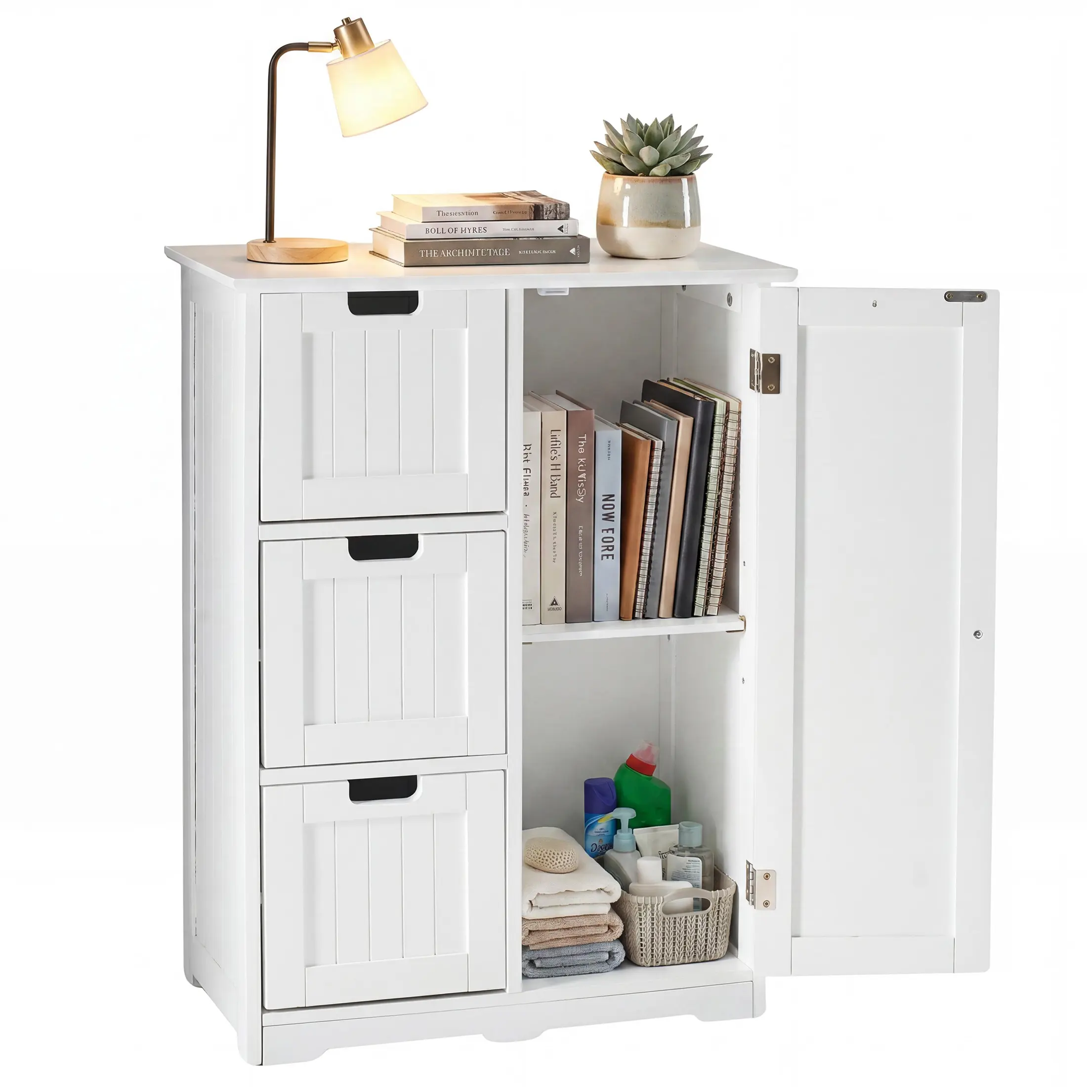 Sweetcrispy Modern White Wood Bathroom Floor Cabinet - Wood Cabinets, Dual Drawer, Multi-Compartment Storage Organizer with 3 Drawers, 2 Shelves, Dual Drawer Cabinets