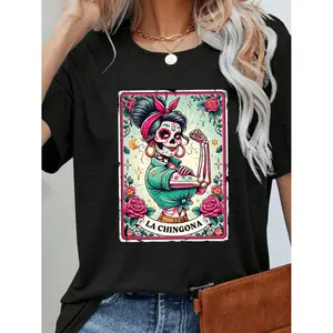 Women's La Chingona Tarot Print T-Shirt - Vibrant Mexican Folk Art Skeleton & Floral Design, Semi-Sheer Short Sleeve Crew Neck Casual Top, Machine Washable All-Season Comfort, Spring Outfit, Bold Graphic Tee, Lightweight Fabric
