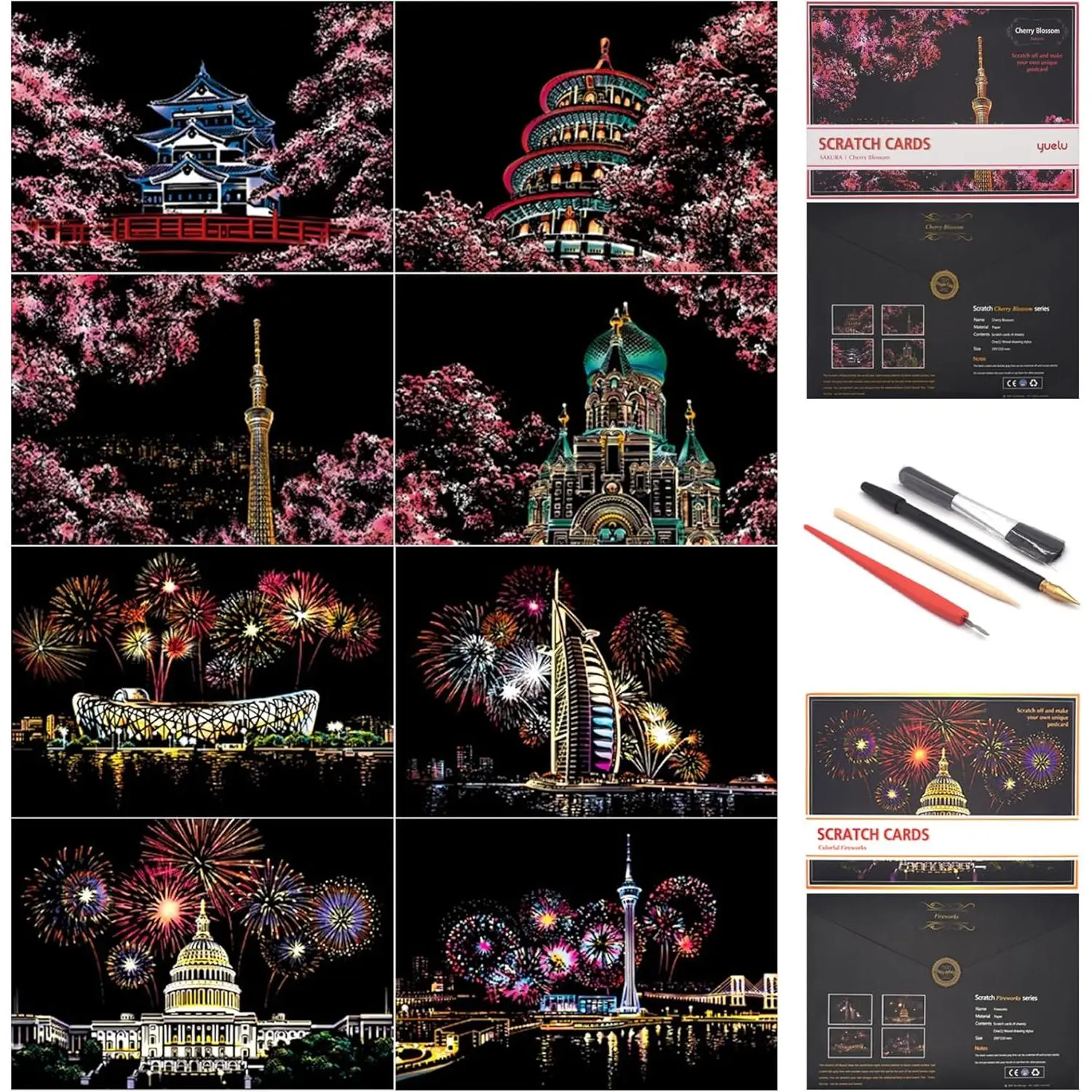Scratch Painting Rainbow Paper by , Sketch DIY Art Craft City Series Night View Creative Gift, Scratchboard for Adults and  ,Craft Kits with 4 Tools (A4- 8pack)