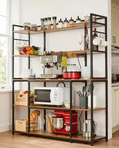 Garvee Kitchen Bakers Rack with Power Outlet, 55x36 inch Microwave Oven Stand with 4 Tiers Storage, Coffee Bar Table with 6 S Hooks, Rustic Brown Kitchen Storage Shelf for Spices and Pots
