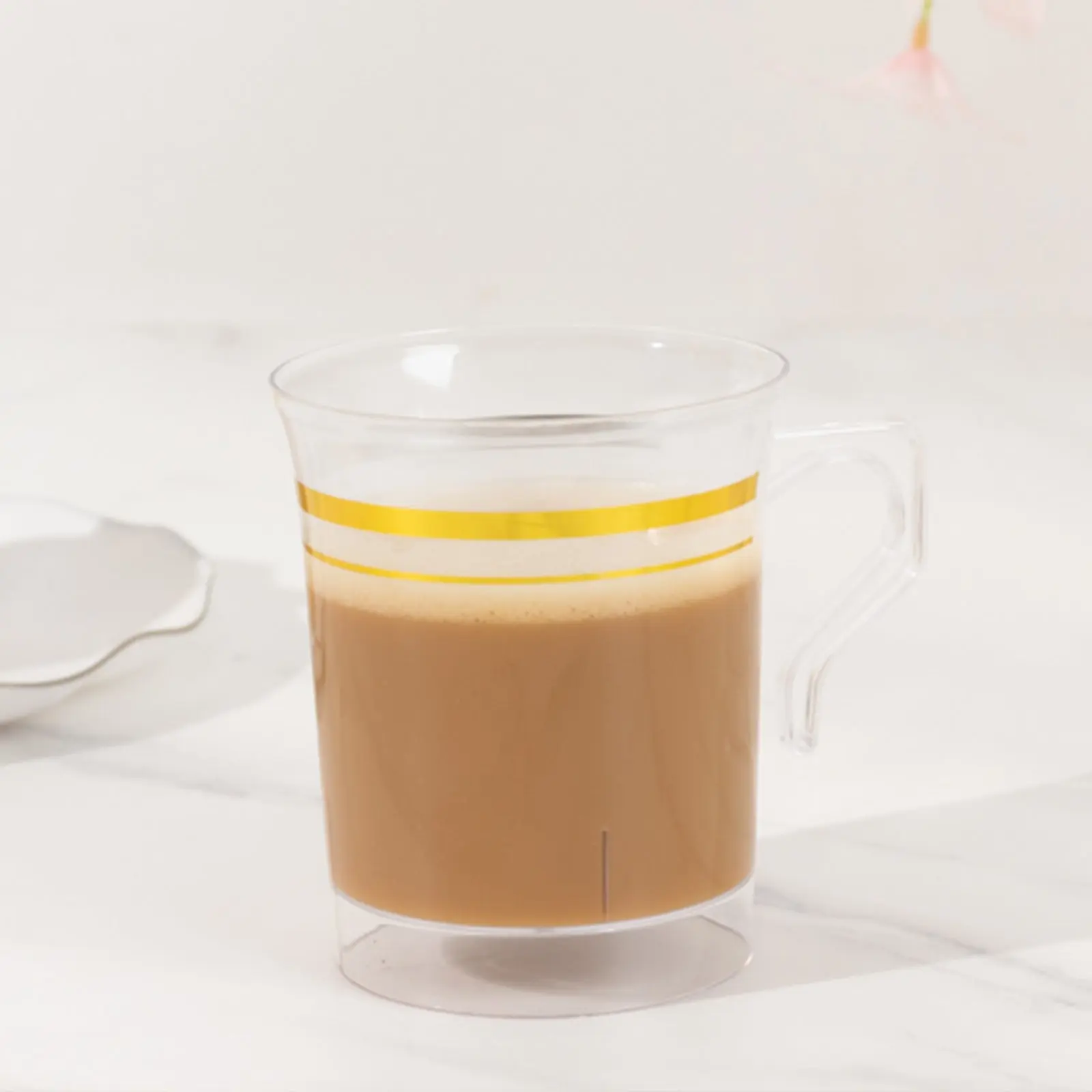 8-Pack Plastic Coffee Mugs 8oz Clear with Gold Stripes - Disposable Tea Cups with Handle 3.5"