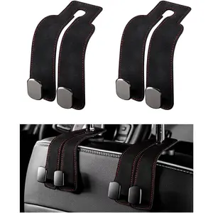 2 PCS Car Seat Headrest Hook, Back Seat Hanger with Double Flexible Leather Hooks, Soft Leather Double Headrest Metal Hooks Purse Handbag Organizer, Car Accessories (Black)