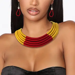 Woscois African Necklace Earrings Set Multilayer Woven Rope Choker Layered Strand Collar Statement Jewelry Accessories for Women and Girls