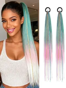 2Pcs Colorful Ponytail Hair Extensions, 26 Inch Long Elastic Hair Ties for Easy Styling, Soft Synthetic Hair Pieces for Everyday Look, Perfect for Daily, Party, Festival Use, Synthetic Soft Hairpieces