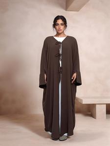 women's solid color tie front open front robe, casual long sleeve long dress for daily wear, ladies islamic clothing for all seasons