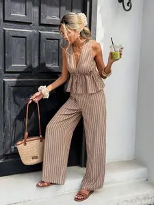 Women's Striped Tie Waist Sleeveless Shirt + Long Pants Set, Womenswear, Vintage Casual, Linen-Like Fabric, Comfortable Commuter