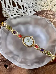 Elegant Women's Watch with Colorful Zirconia Gemstone, Vintage Style, Quartz Analog Watch, Waterproof, Perfect for Daily Wear & Parties