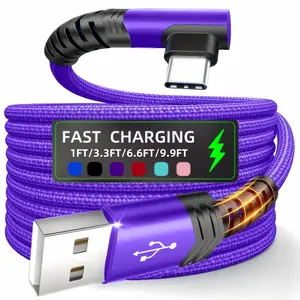 90-Degree USB-C Cable, USB-A to USB-C Right Angle Nylon-Braided Fast Charging Cable for iPhone 16 Pro Max, Samsung Galaxy S24 Ultra and iPad Air 6, Portable Type-C Charging Line