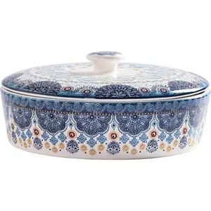 Blue Talavera Ceramic Tortilla Warmer, 8.9 Inch Tortilla Holder with Lid for Taco Bread Pancake for Mexican Night and Party, Microwave and Dishwasher Safe