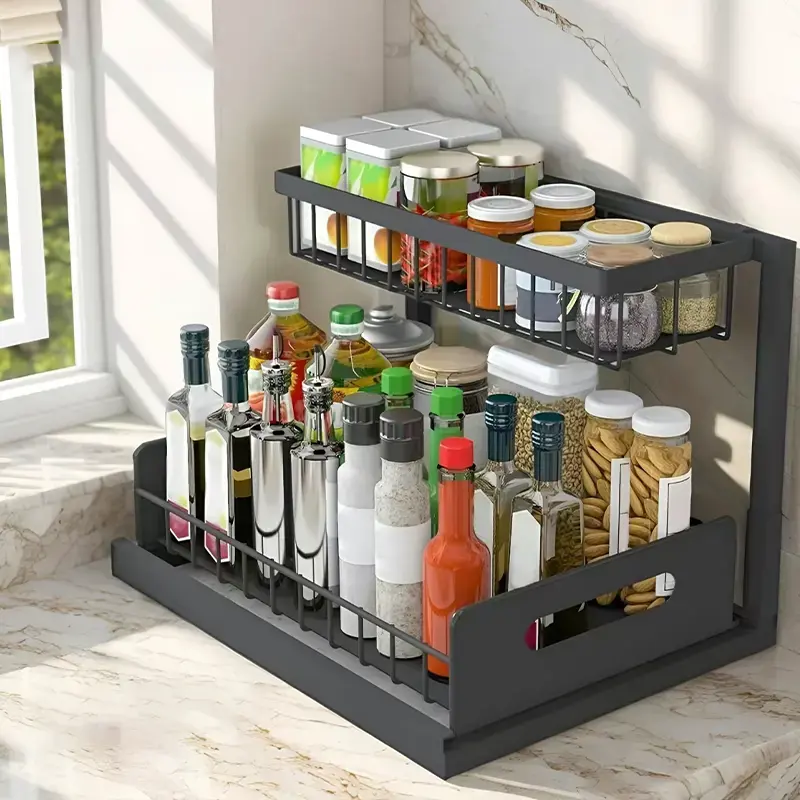 Undersink storage rack with 2 layers of high-quality metal pull-out kitchen cabinet storage box and sliding drawer, adjustable height, heavy-duty kitchen and bathroom storage container