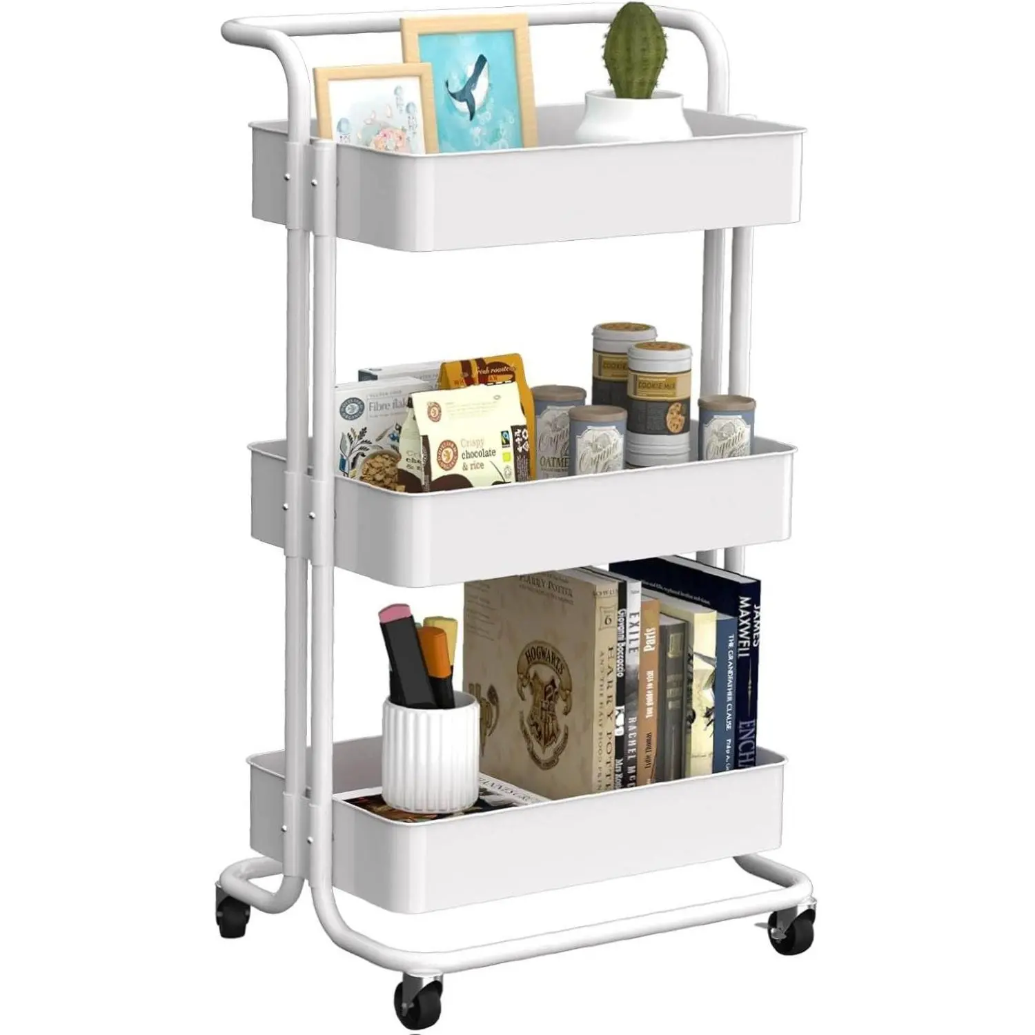 3 Tier Rolling Cart with Wheels, Easy-Move Plastic Organizer for Diapers, Nursery, Kitchen, Bathroom and Bedside