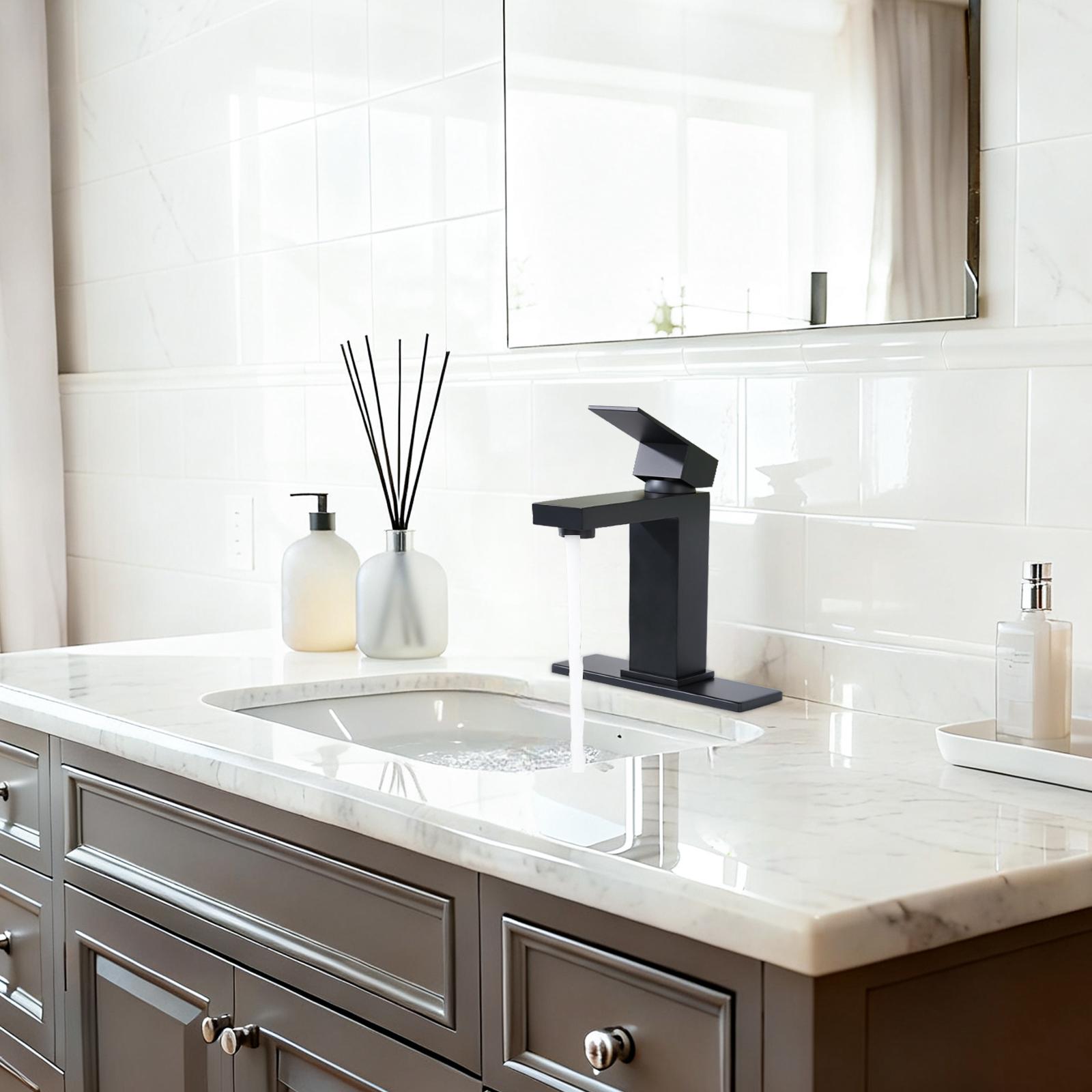 WOWOW matte black Single hole 1-handle Mid-arc Commercial/Residential Handle Bathroom Sink Faucet with Drain with Deck Plate WOWOW matte black Single hole 1-handle Mid-arc Commercial/Residential Handle Bathroom Sink Faucet with Drain with Deck Plate