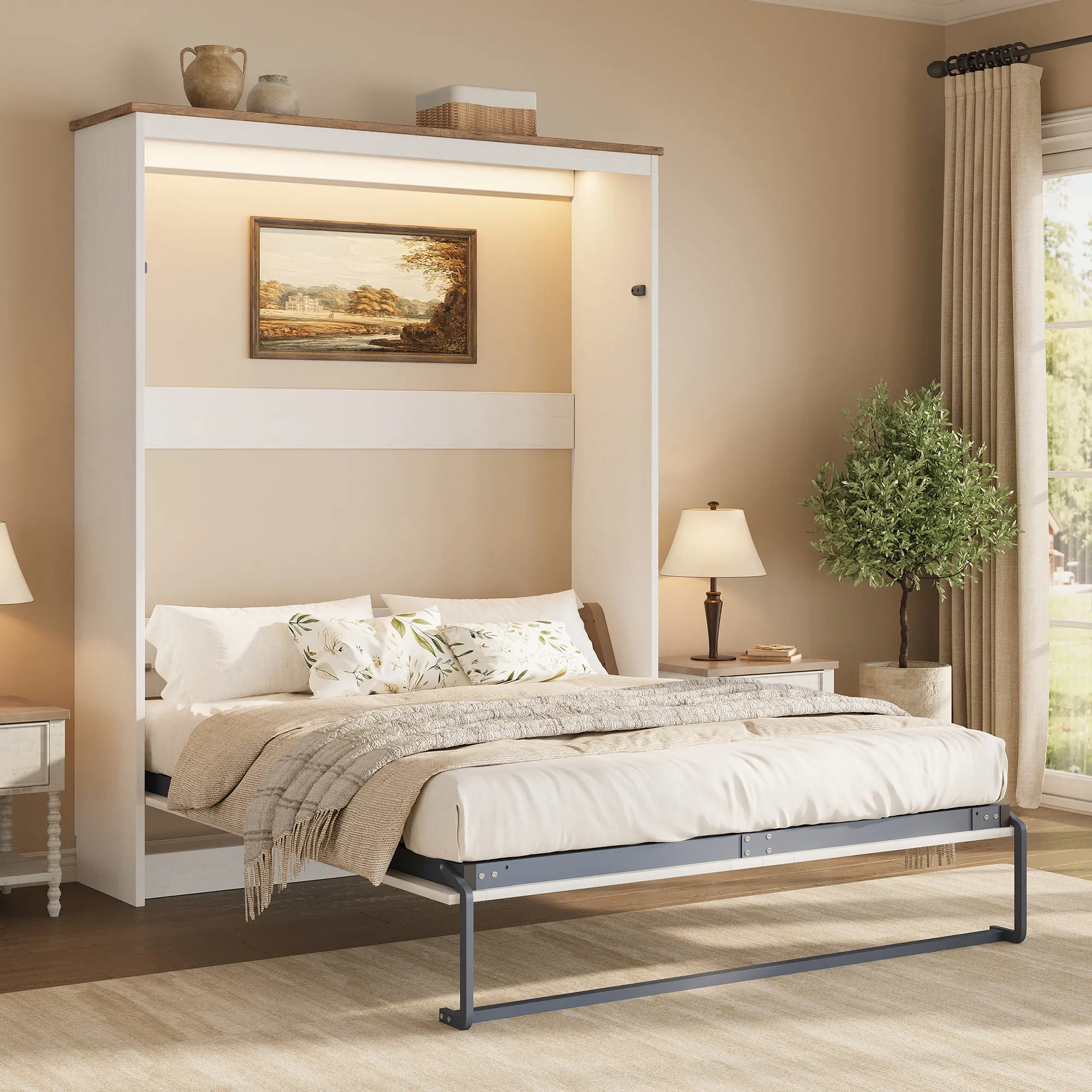 [Ships in 2 Boxes][TiktokShopStockUp] AMERLIFE Murphy Bed with LED Light, Farmhouse Foldable Wall Bed with Charging Station & Gas Struts, Space-Saving Hidden Bedframe for Guest Room, Bedroom & Home Office