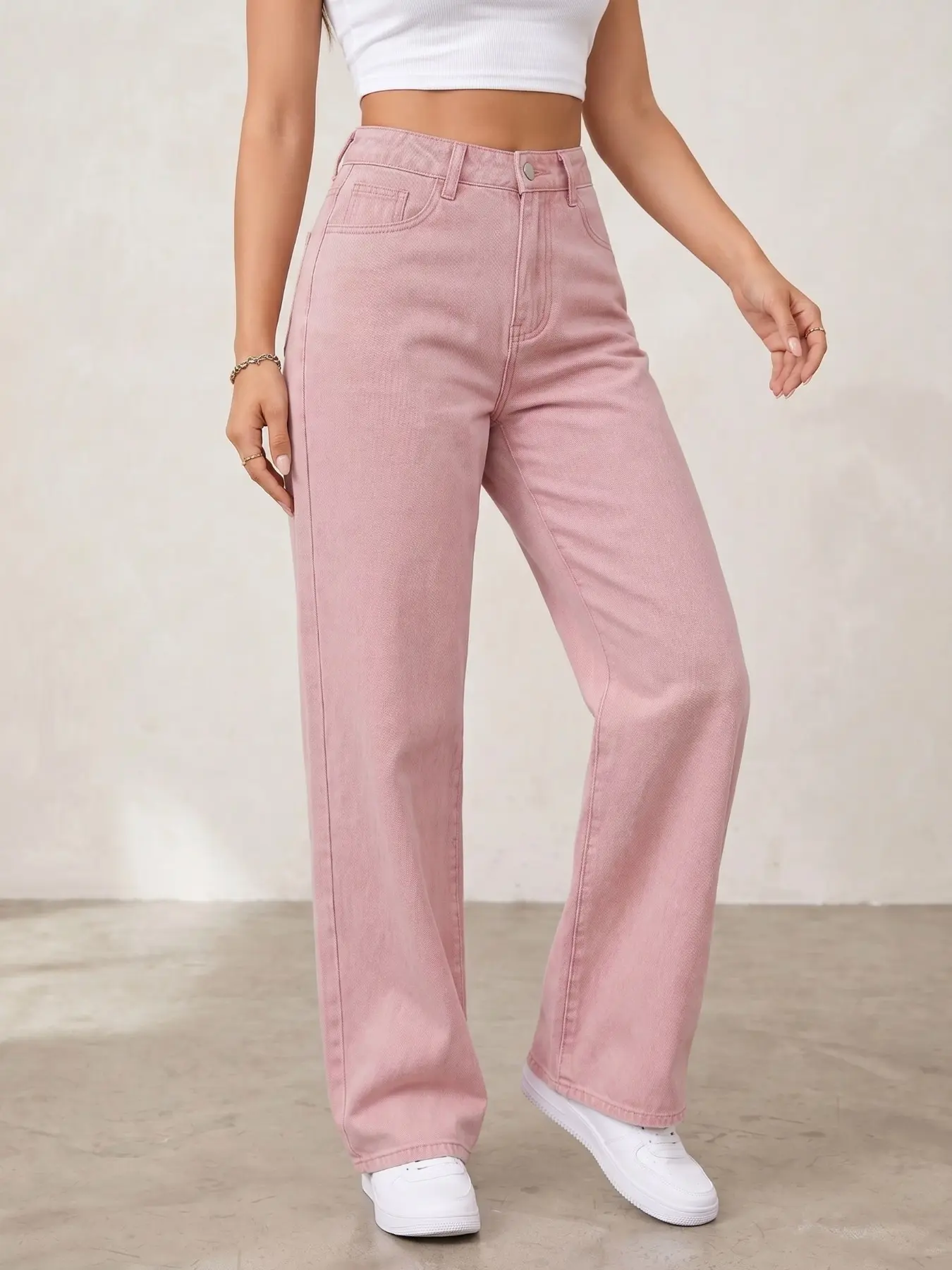 Women's High-Waisted Straight Leg Denim Jeans, Comfortable Daily Wear, Loose Fit, All Seasons, Basic Casual Style, Plain Pattern, Casual Fashion Denim