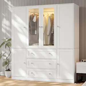 【2 Package Deliver】VOWNER White Large 4 Doors with Glass door Wardrobe with Side Cabinets 3 Drawers Motion Sensor Lighting 3 Color Modes Adjustable Brightness & Aluminum Alloy Hanging Rod
