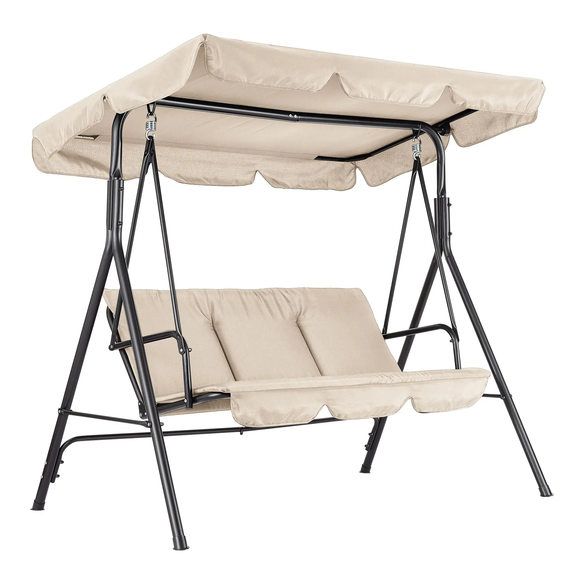 3 Seat Outdoor Patio Porch Swing with Stand, Adjustable Waterproof Canopy, 600 LBS Heavy Duty Steel Frame Porch Swing, Thick Waterproof Cushions Outdoor Swing Chair for Backyard Front Porch Lawn Garden Relaxation