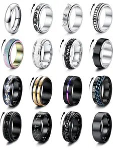 16 Pcs Mens Rings Silver Black Stainless Steel Stress Relief Anti Fidget Anxiety Ring Spinner Band Spinner Rings Wedding Engagement Promise Men's Rings Set Size O-Z1/2 Stackable Rings Set