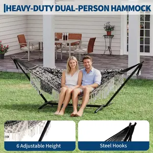 2 Person Bohemian Hammock with Stand Included, Handwoven Tassels Cotton Fabric, Portable Free Standing Hammock for Relaxation Backyard Camping, 450 lbs Weight Limit