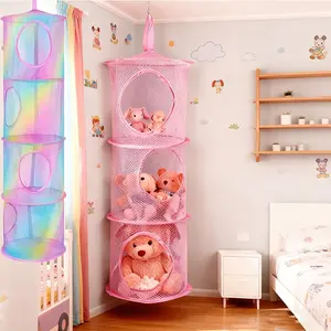 Foldable Hanging Storage Net, Bedroom Storage Organizer for Plush Toys, 3/4 Compartments, Room Bedroom Game Room Decor, Fits Dolls, Hats, Gloves, Socks, Clothes