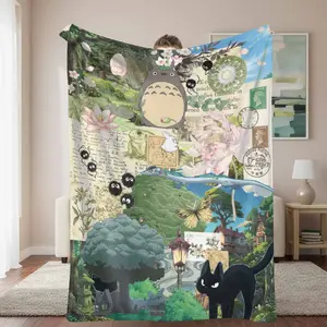 Totoro Inspired Whimsical Forest Flannel Blanket - Flower, Cartoon, Character Art Blankets - Vintage Postcard & Floral Print, Soft Warm Reversible Lightweight, Ideal for Sofa Naps & Cottage Aesthetic Decor Gifts, Flower Blankets