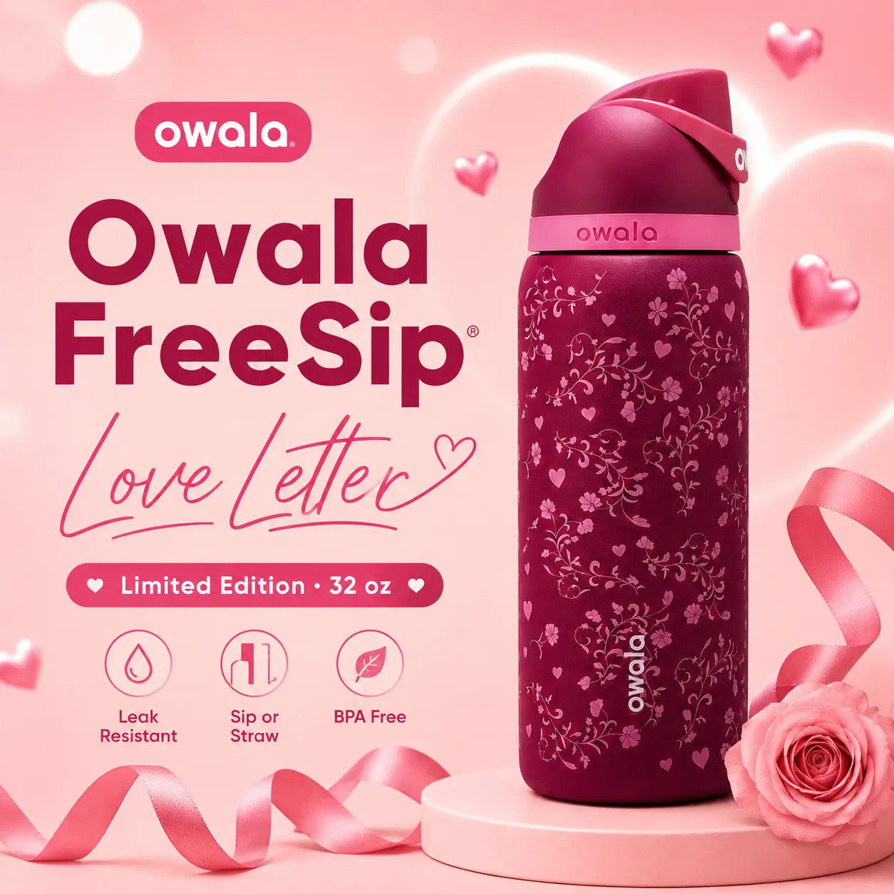 Owala FreeSip Love Letter 32 oz Insulated Stainless Steel Water Bottle with Built-In Straw, Limited Edition Pink Floral Heart Design