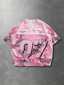 Sakura Baseball Sports Shirt T-Shirt, Number 07 Print, V Neck Short Sleeve, Comfortable Fabric, Unisex Casual Street Style