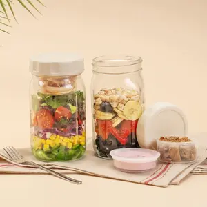 Lidded glass salad jars, 4-piece set, 32 oz, leakproof lunch containers with two  compartments for separating wet dressing and dry ingredients, Mason jars for preparing Christmas gifts