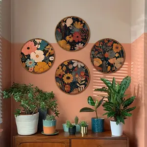 2D flat, 4-piece set of wooden Bohemian floral circular retro plant wall decoration, suitable for living room, kitchen, garden and coffee shop. Easy-to-hang decorative panels, a gift for lovers of nature and retro styles