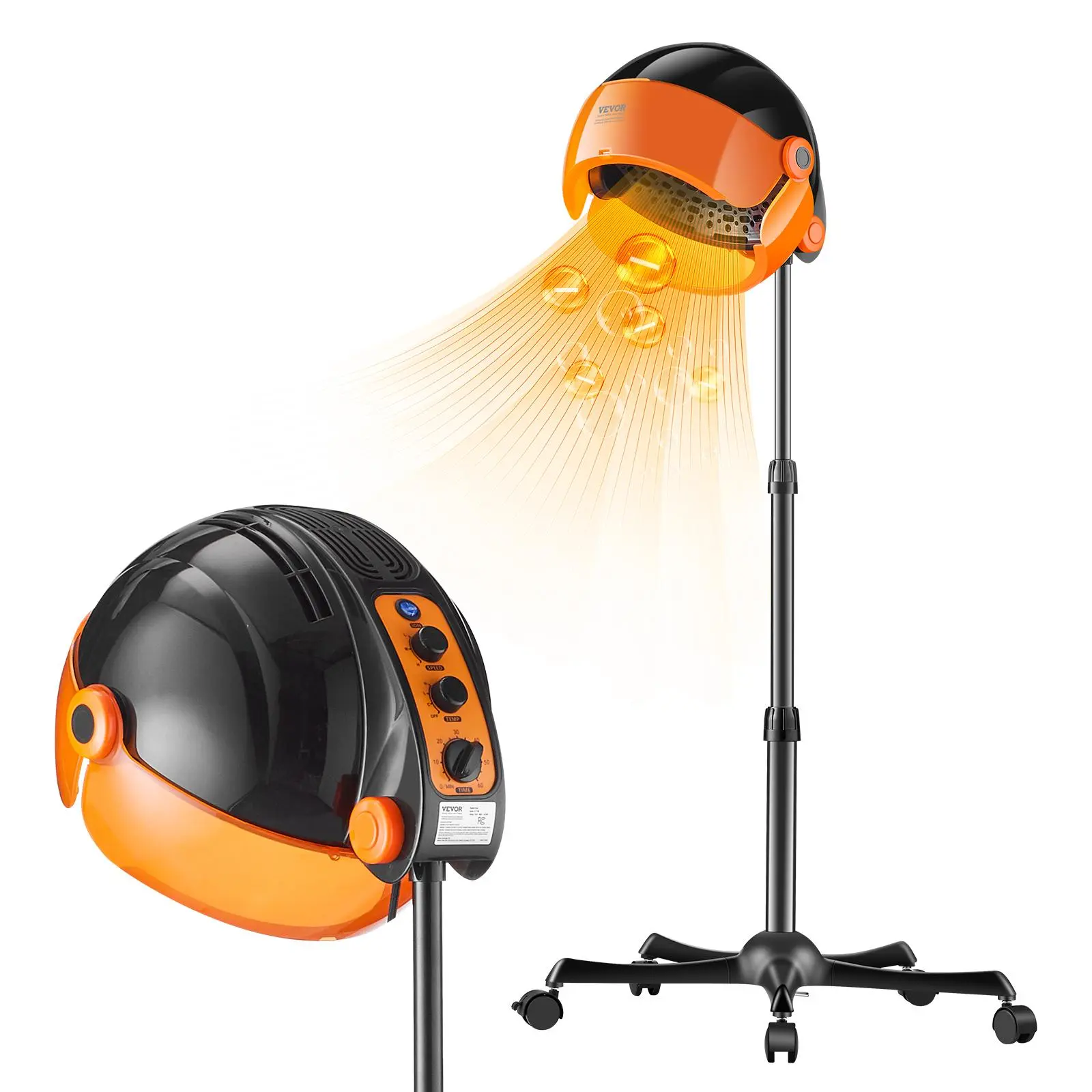 VEVOR Ionic Hood Dryer, 1875W Pro Bonnet Hair Dryer, Timer, 3 Temperature Levels & Adjustable Speed, Mobile Floor Stand with Wheels for Salon & Home Spa