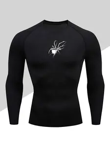 Men's Quick-Dry Compression Training Shirt, Spider Print, High Elastic Sports Wear, Suitable for Gym, Outdoor Sports, Casual Layering, Athletic Compression Shirt