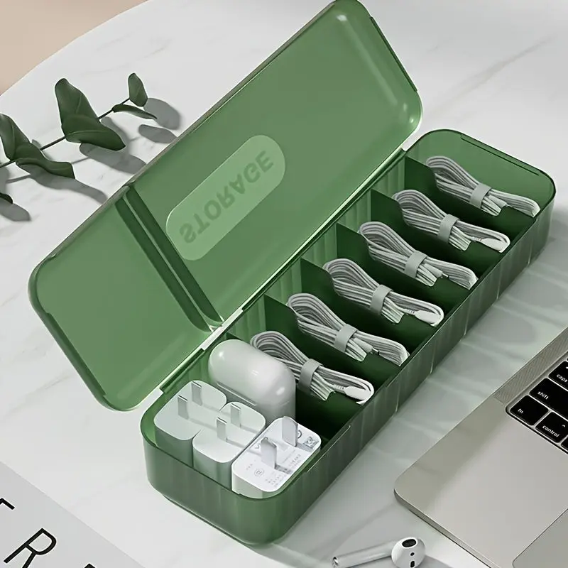 7-Compartment Transparent Data Cable Organizer Box, Durable Storage Organizer, Multifunctional USB Cord Management Storage Bin, Compact Smooth Desk Accessory for Room Organization, Multifunctional Storage Bin