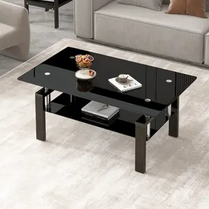 Bellemave Rectangle Coffee Table - 2-Layers Tempered Glass Living Room Table, 39.37x23.62x17.32 in, 8mm Top, 5mm Shelf, Modern Indoor Furniture, Living Room Tables