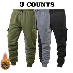 Men's 3-Pack Multi-Pocket Fleece Lined Warm Lightweight Workwear Outdoor Cuffed Solid Color Joggers Trousers, Suitable for Daily Commuting and Working Wear