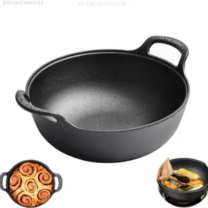 1 pc Yuanbaoguo,Cast iron wok with handle, cast iron cooking surface keeps heat and locks moisture and flavor.Can be used for a variety of heat sources, enjoy cooking all kinds of meals, from roasted veFull LED Bed Frame with Storage HeadboaLumièreNoire16